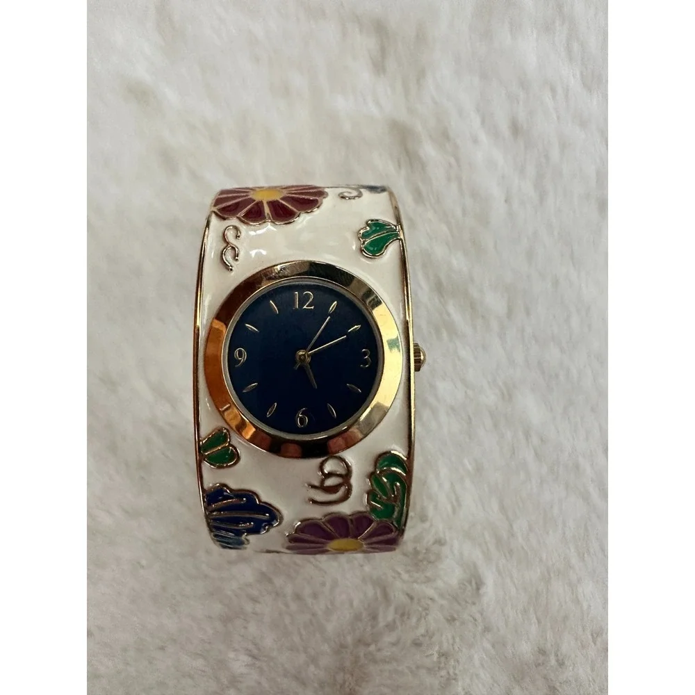 Met‎ Museum MMA Enamel Cuff Watch Art Nouveau Tiffany Floral Gold Tone Japan